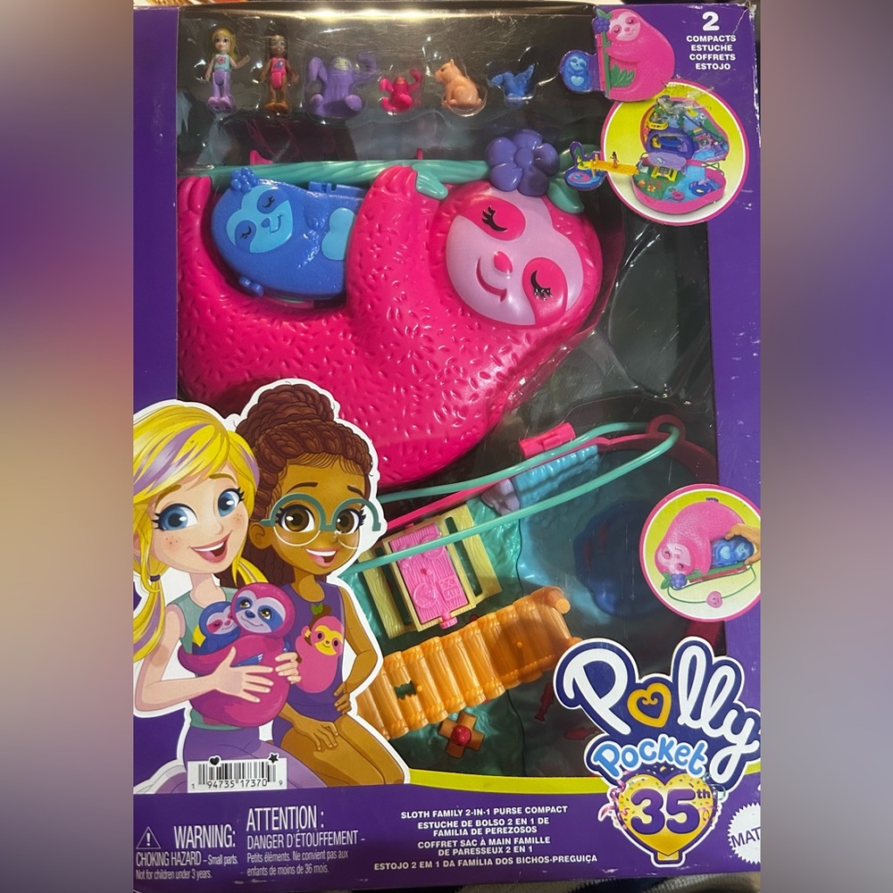 NEW Mattel Polly Pocket Sloth 2 in 1 Purse Compact Playset - Pink and Blue